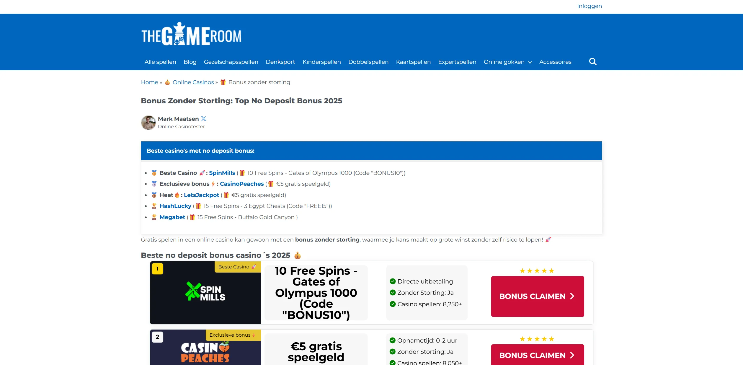 Screenshot of Thegameroom.org — Bonus Zonder Storting: Beste No Deposit Bonus