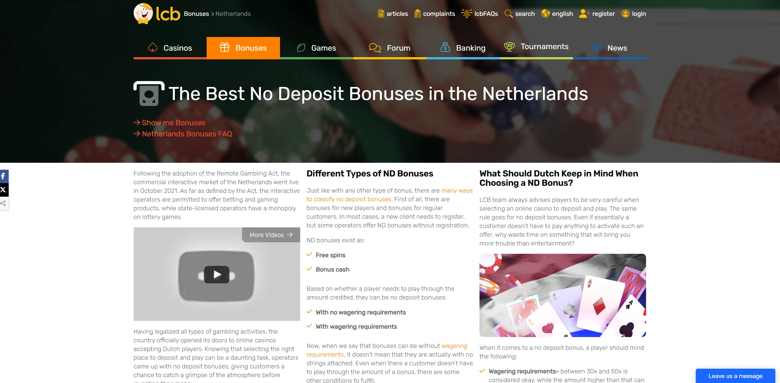 Screenshot of LCB.org - No Deposit Bonuses for Players from Netherlands