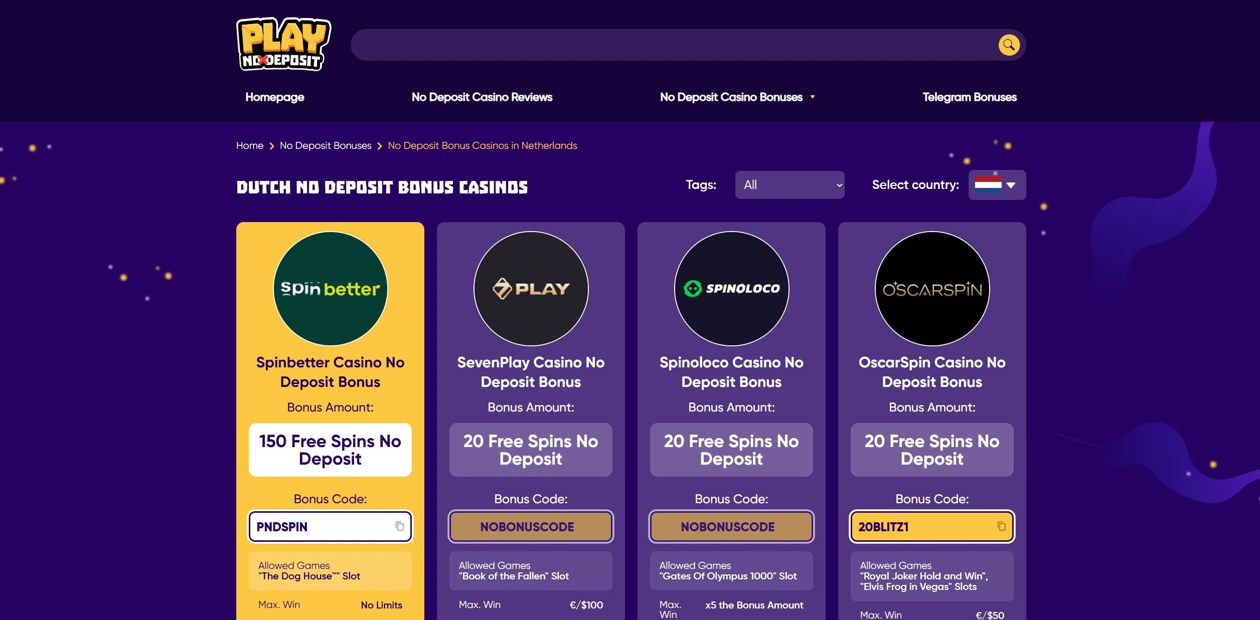 Screenshot of Playnodeposit.com – Top No Deposit Bonus Casinos in Netherlands | PlayNoDeposit