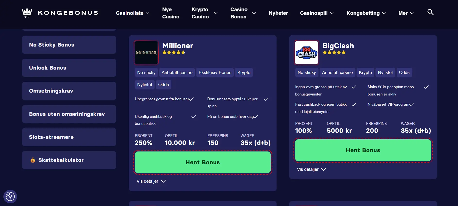 Screenshot of Kongebonus.com -  King Bonus - Norways Best Online Casino