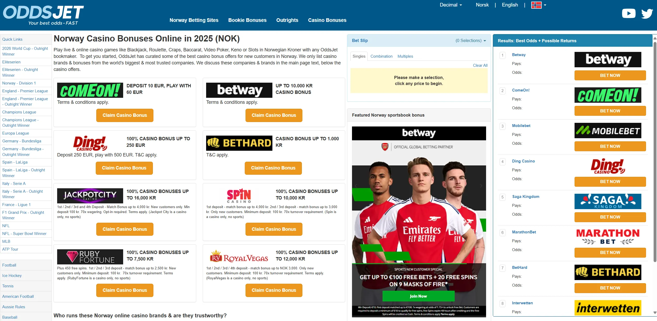 Screenshot of Oddsjet.com - Norway Casino Bonuses Online (NOK) | OddsJet NO