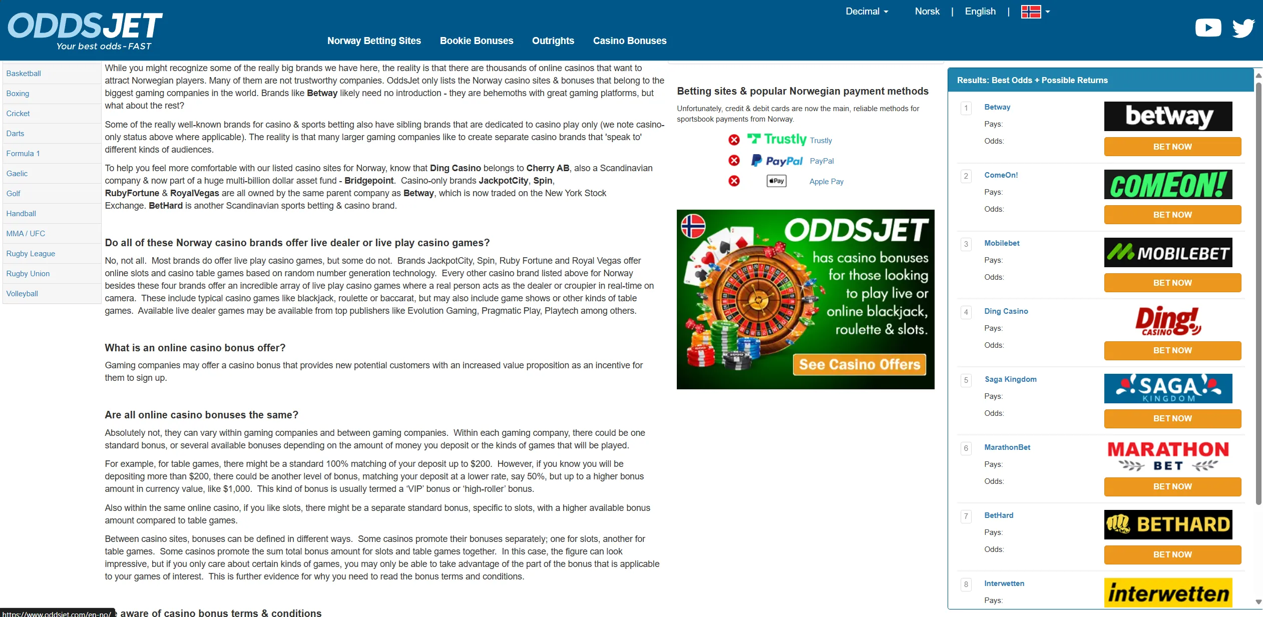 Screenshot of Oddsjet.com - Norway Casino Bonuses Online (NOK) | OddsJet NO