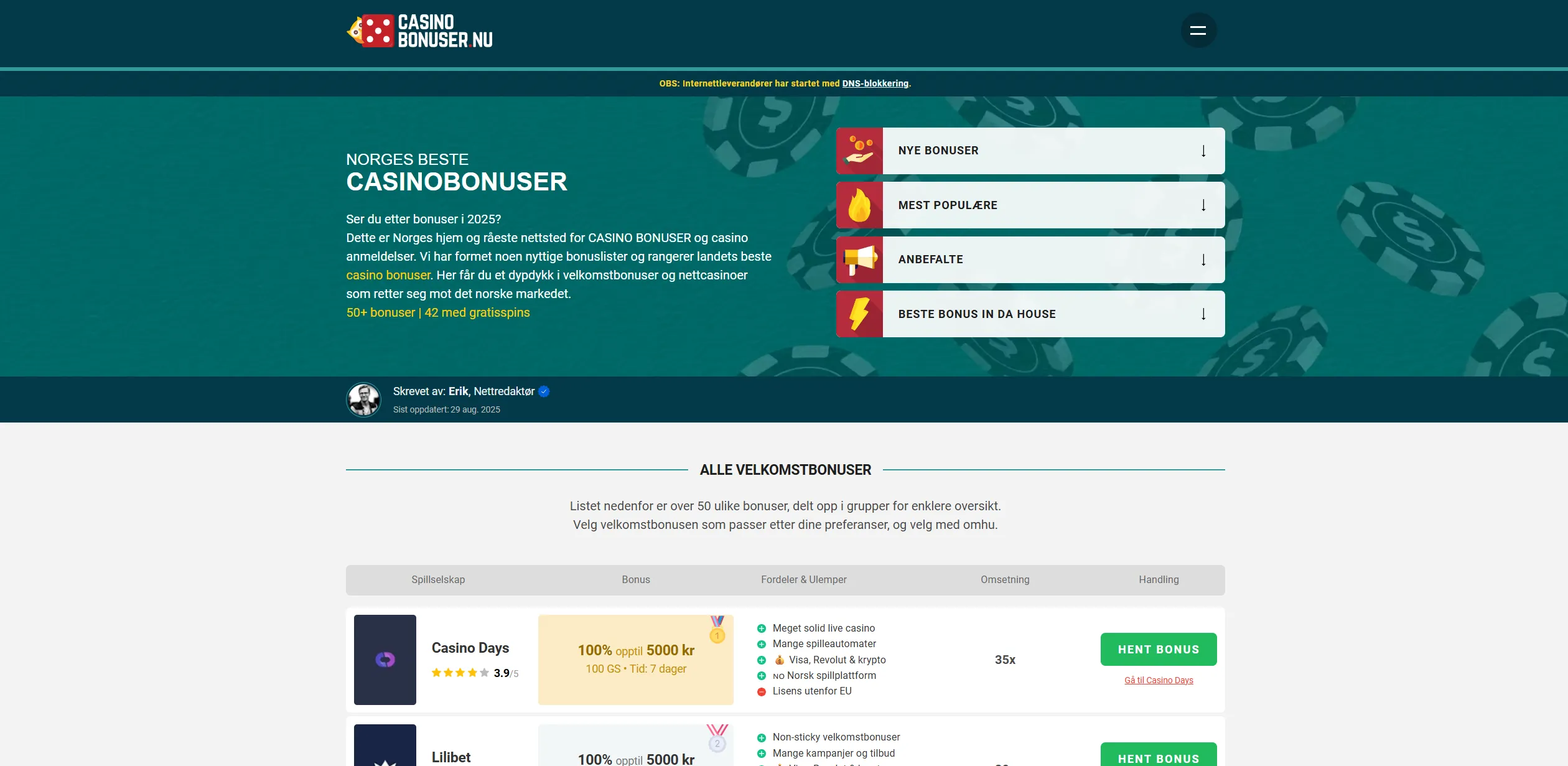 Screenshot of Casinobonuser.nu - Latest No Deposit Bonuses For Norway Players  Top Norway Casinos