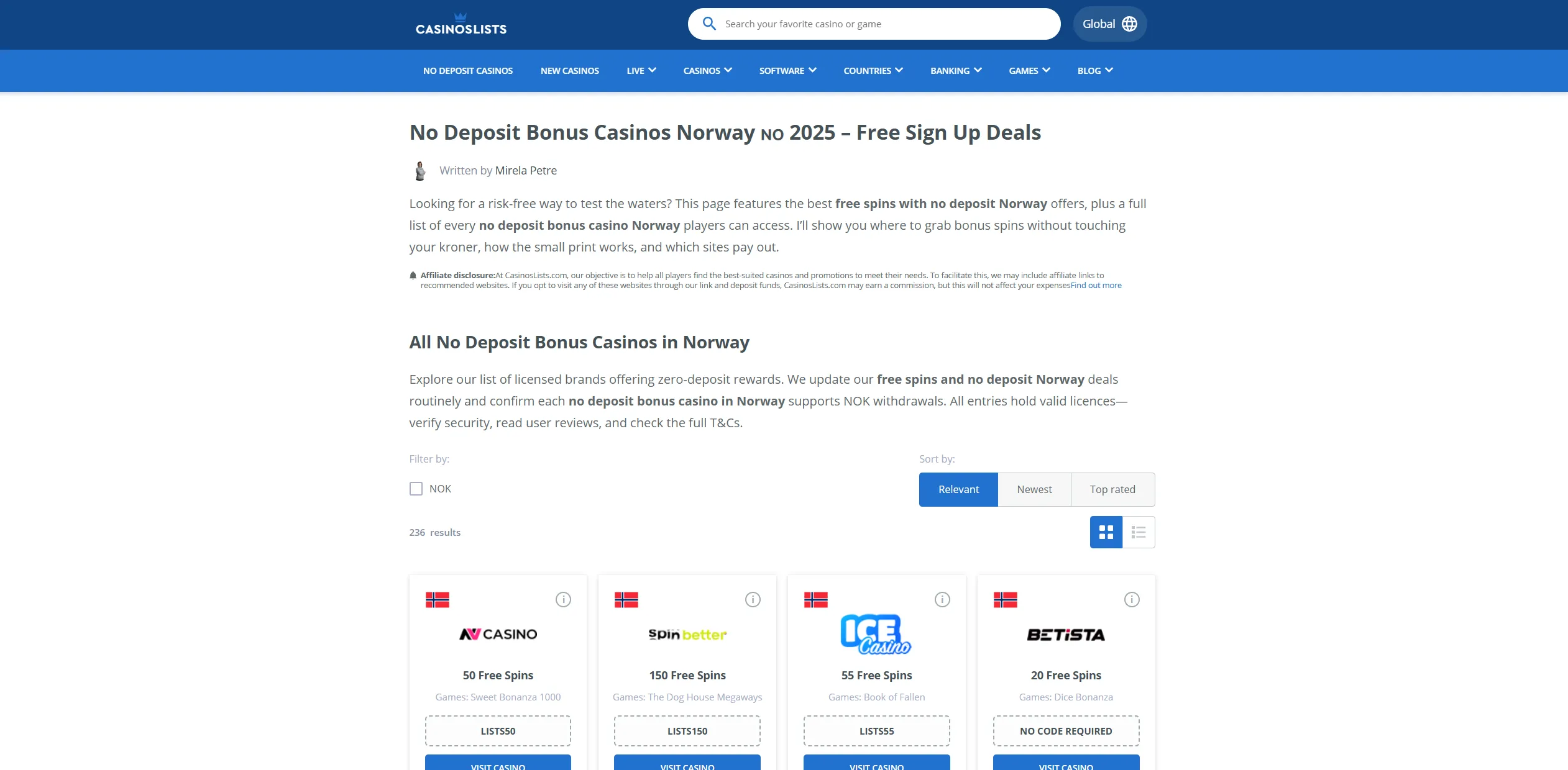 Screenshot of Casinoslists.com – No Deposit Bonus Casinos Norway | CasinosLists.com