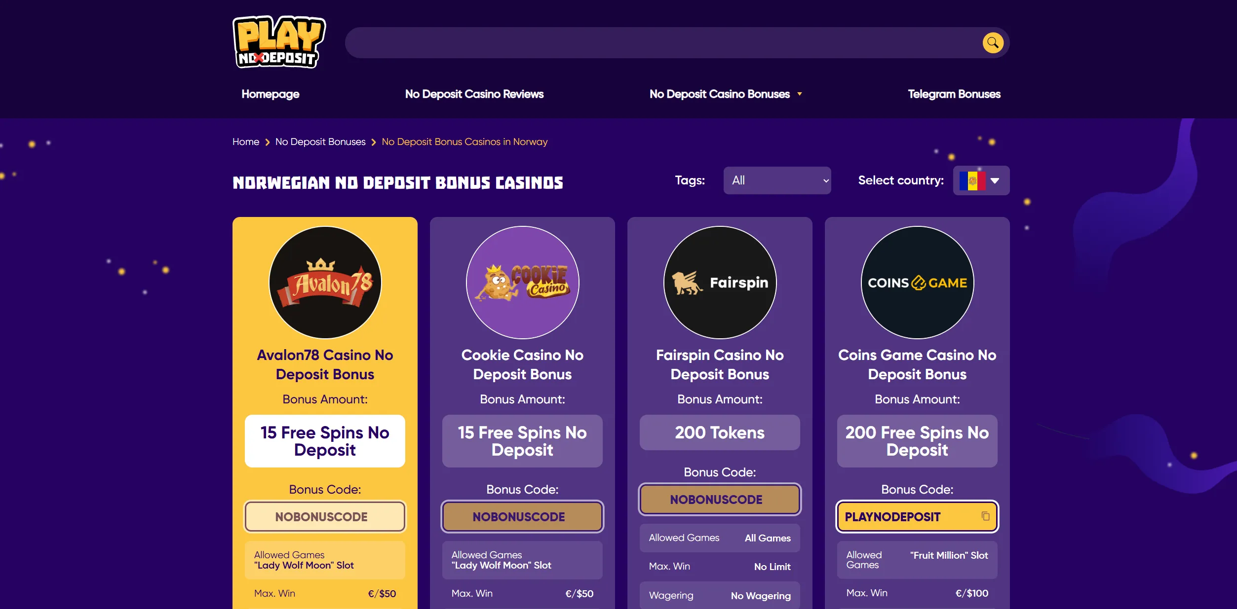 Screenshot of Playnodeposit.com – Top No Deposit Bonus Casinos in Norway | PlayNoDeposit
