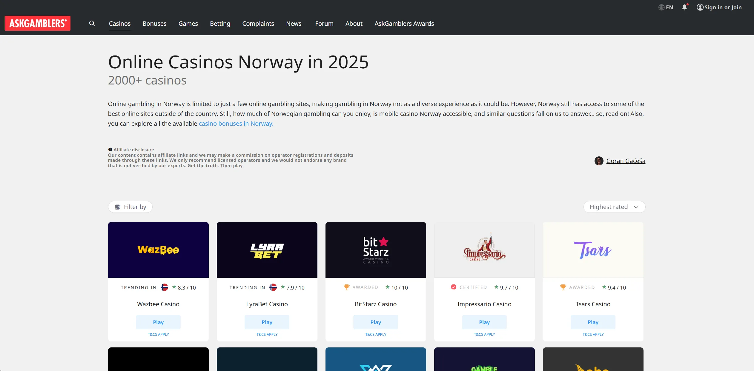 Screenshot of Askgamblers.com - Online Casinos Norway ✔️ Best Casino Sites Norway