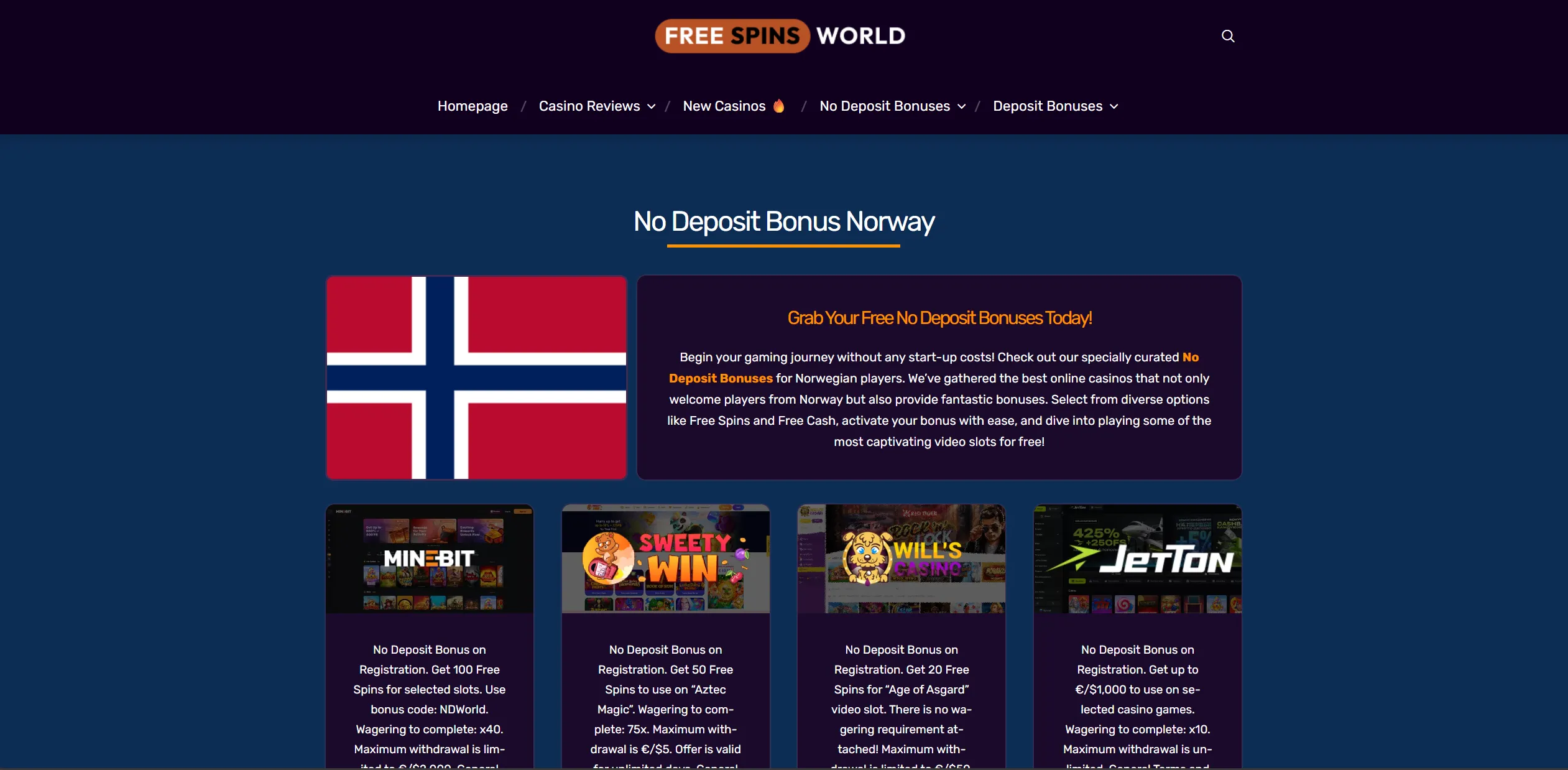 Screenshot of Freespinsworld.com -  No Deposit Bonus Norway • FreeSpinsWorld