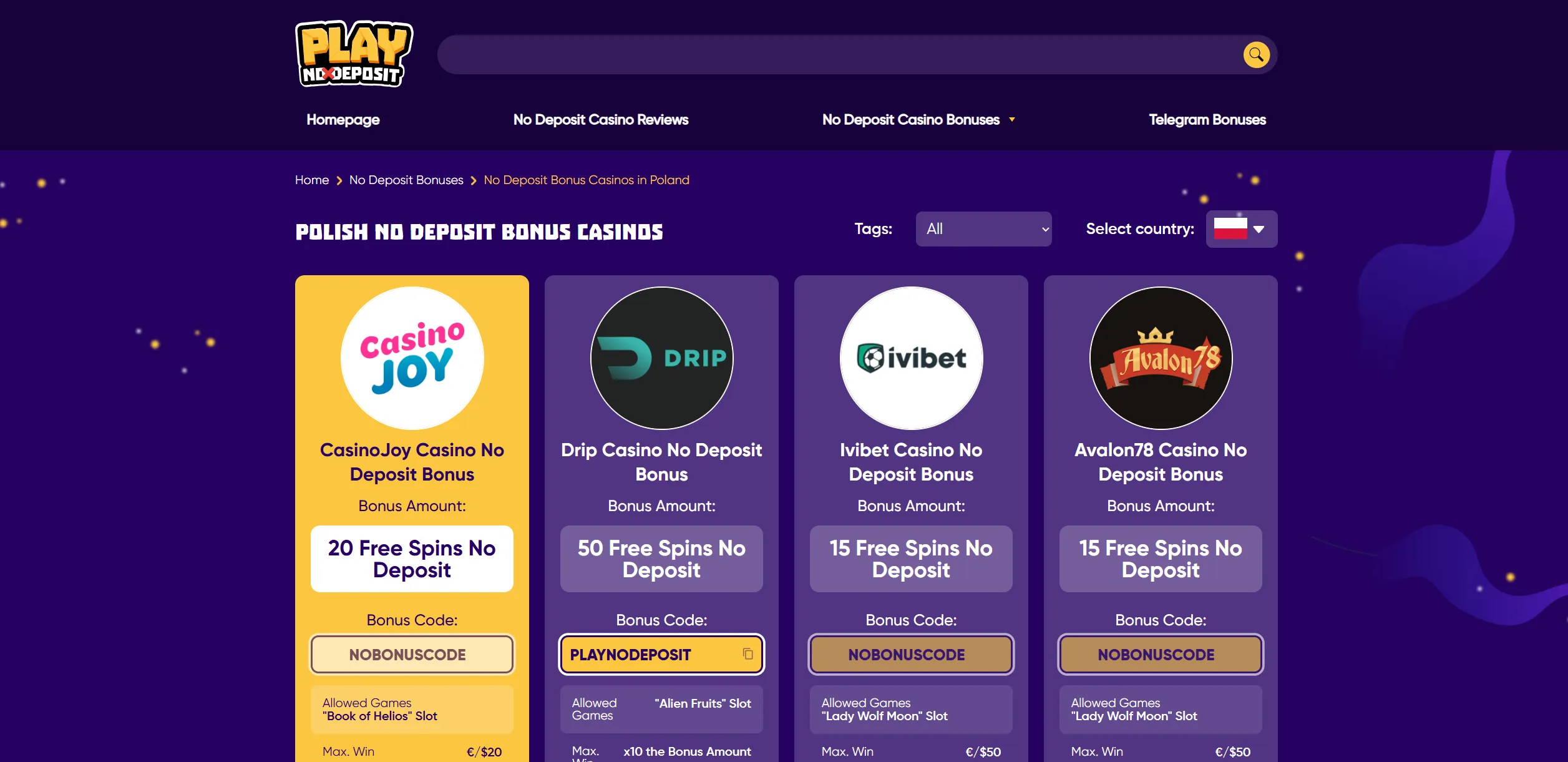 Screenshot of Playnodeposit.com – Top No Deposit Bonus Casinos in Poland | PlayNoDeposit