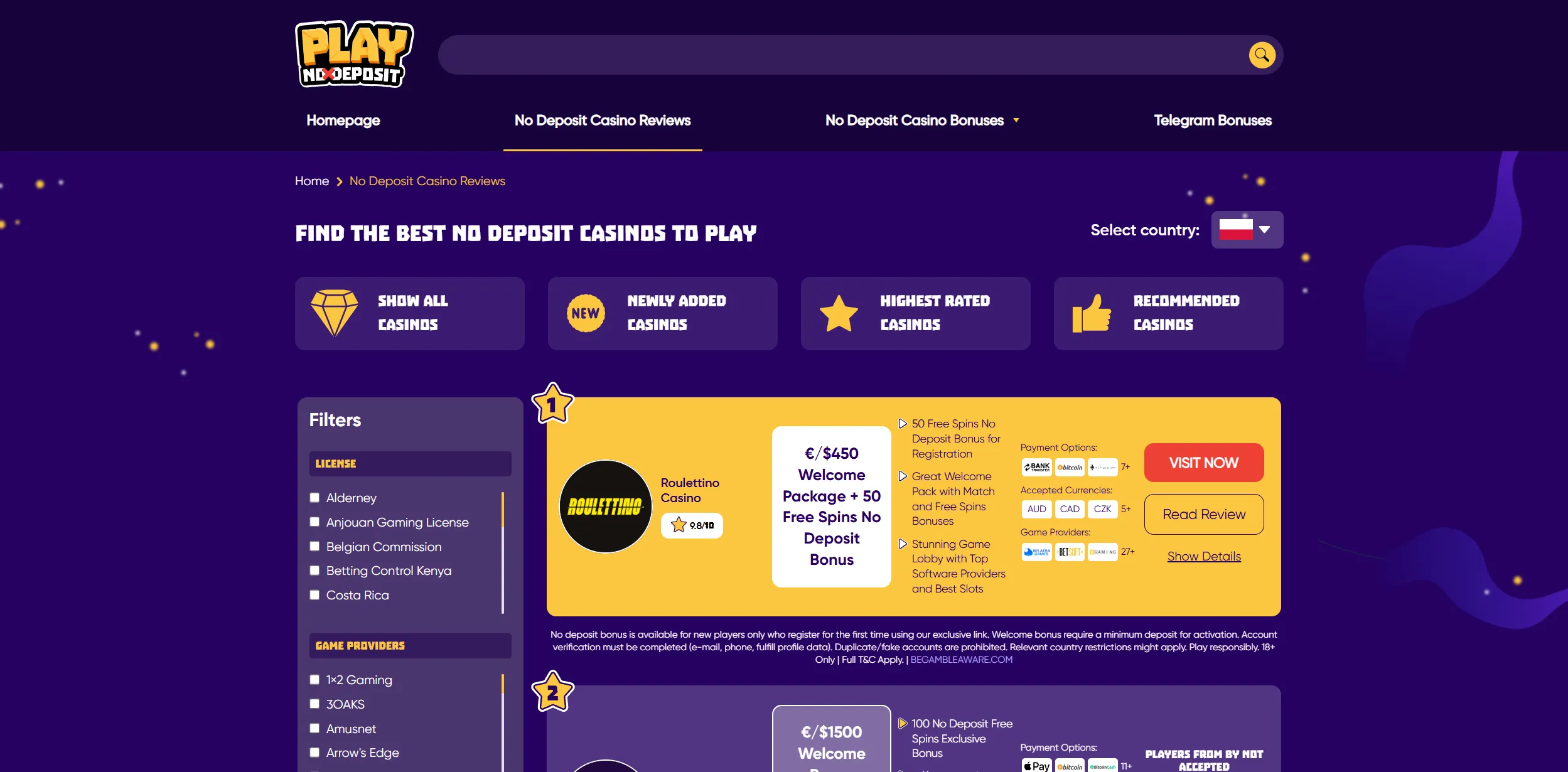 Screenshot of Playnodeposit.com – Top No Deposit Bonus Casinos in Poland | PlayNoDeposit