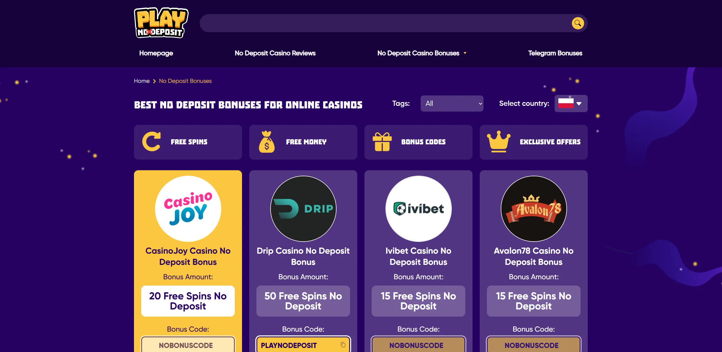 Screenshot of Playnodeposit.com – Top No Deposit Bonus Casinos in Poland | PlayNoDeposit