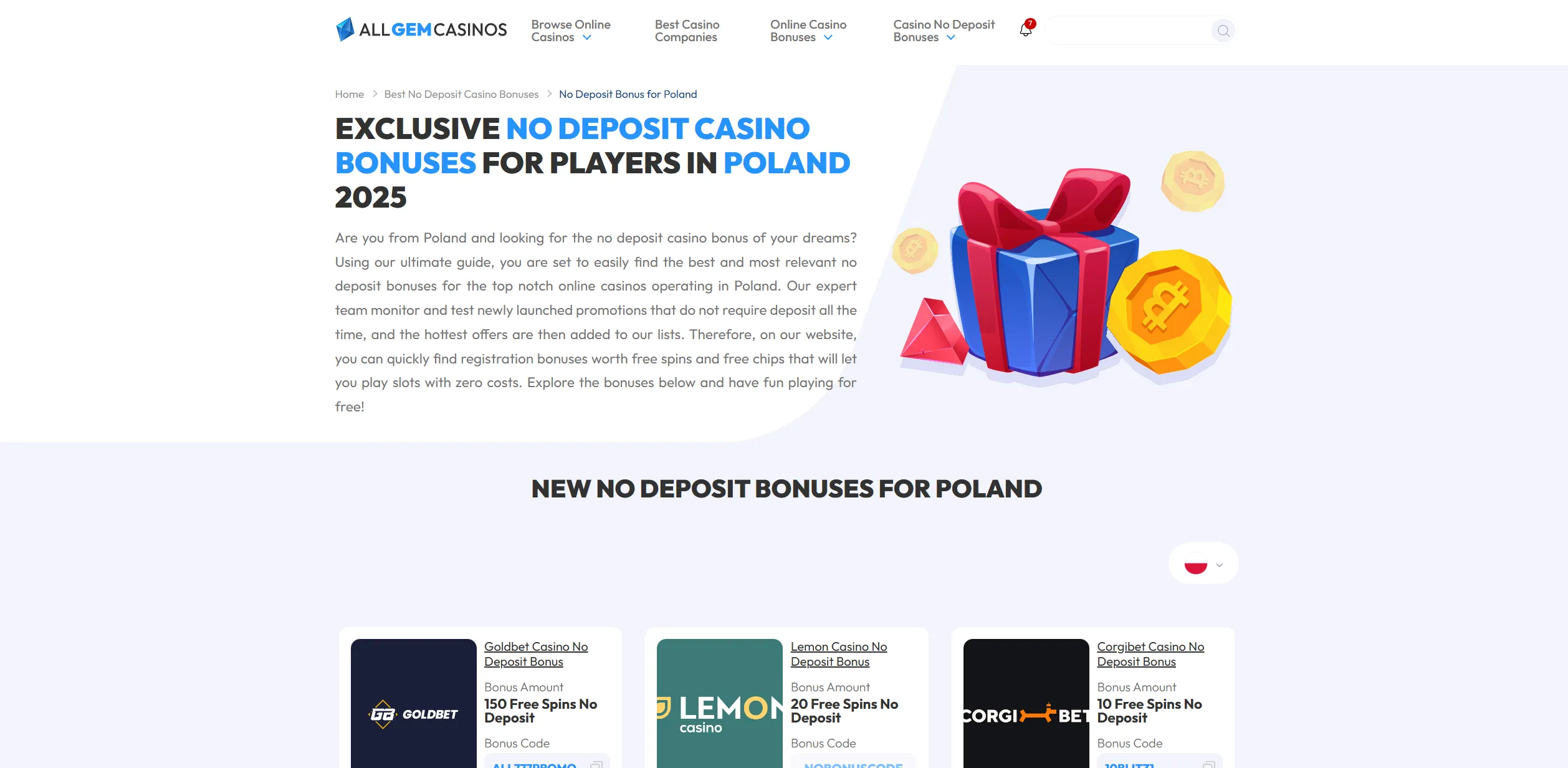 Screenshot of Allgemcasinos.com - New Casino No Deposit Bonus Poland | Free Registration Bonus️