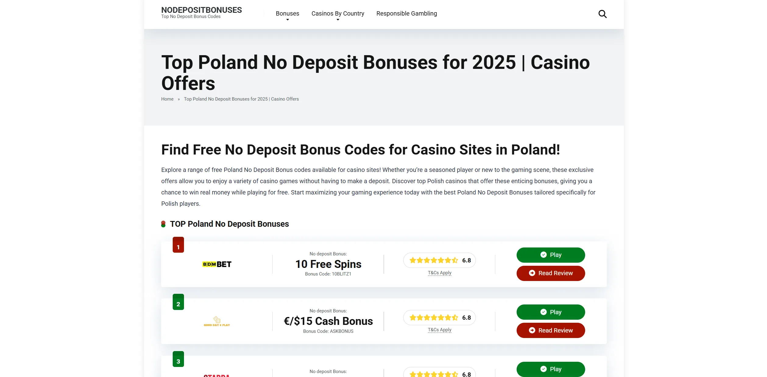 Screenshot of Nodepositbonuses.top - Latest Poland No Deposit Bonuses Exclusive