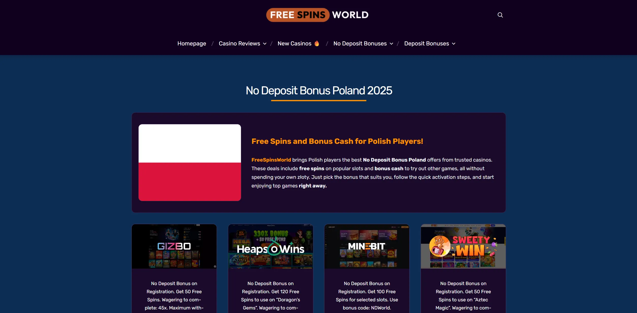 Screenshot of Freespinsworld.com - No Deposit Bonus Poland • FreeSpinsWorld