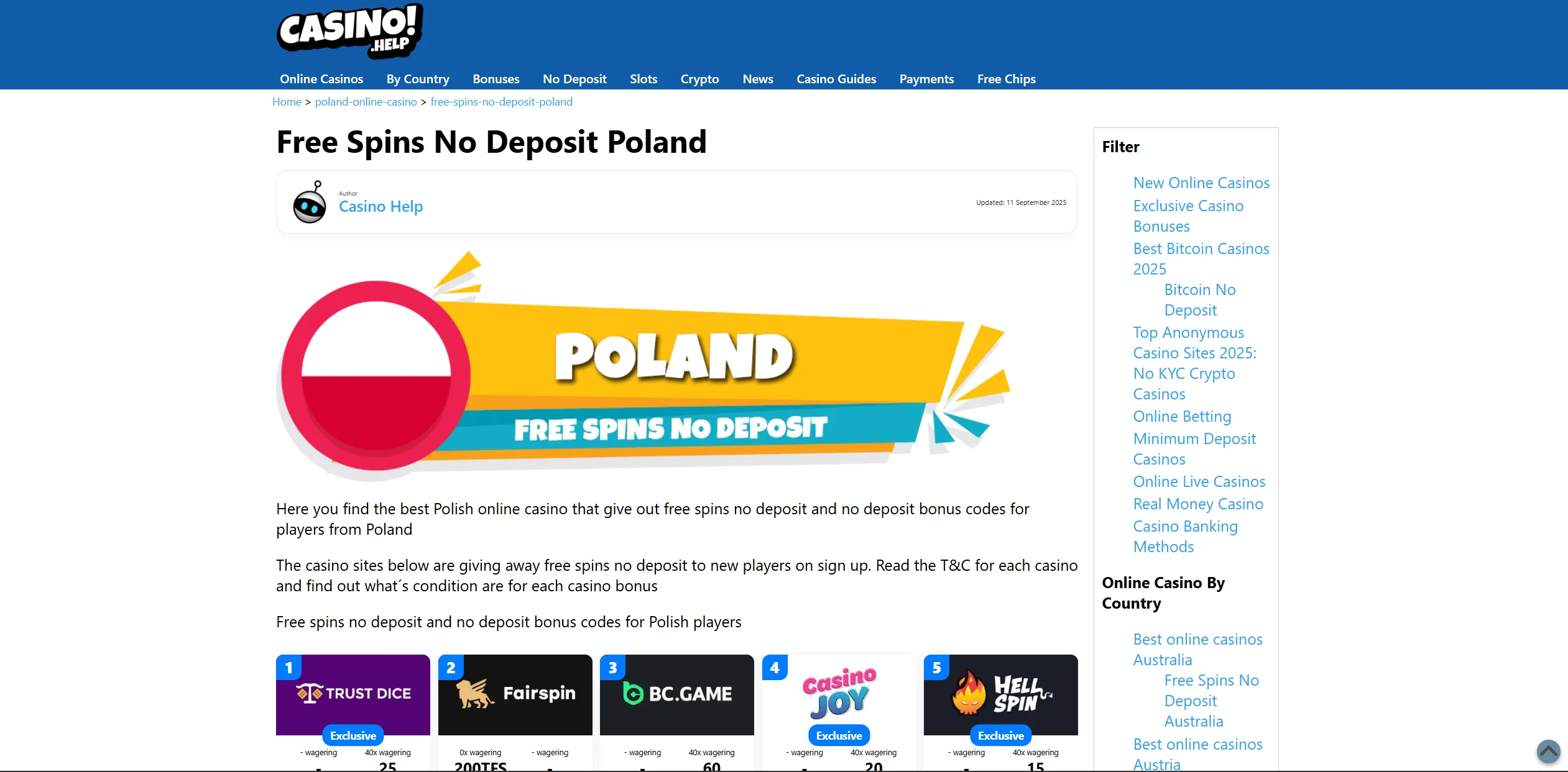 Screenshot of Casino.help - Free Spins No Deposit Poland - Casino Help