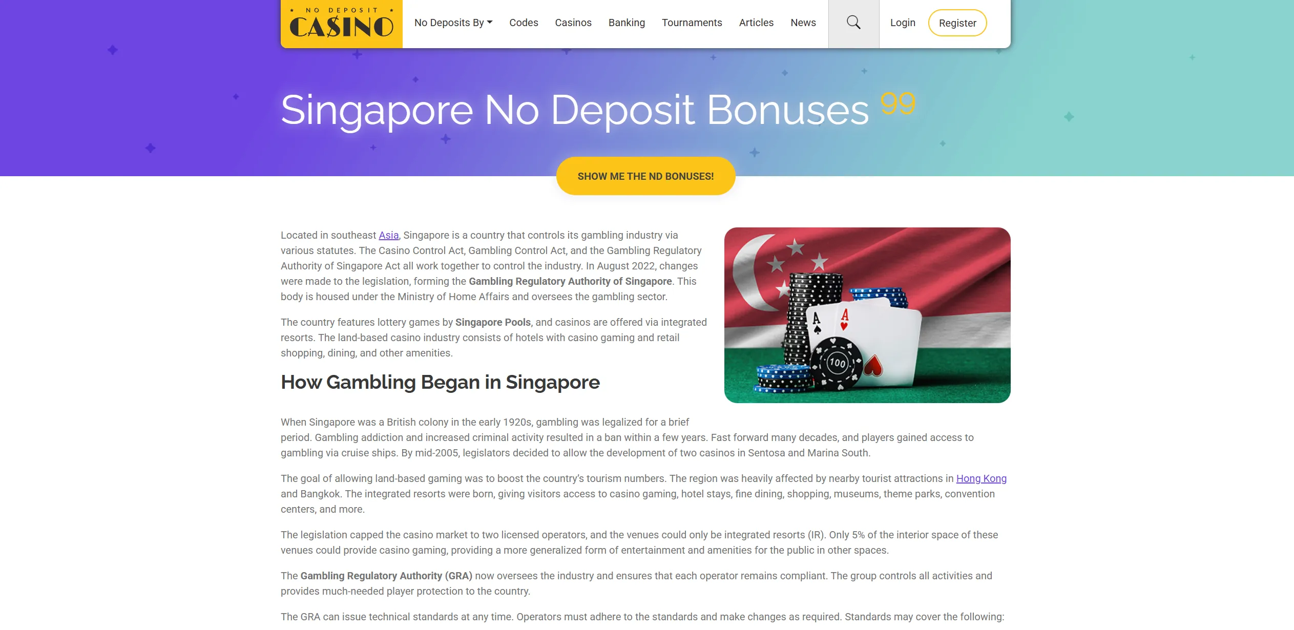 Screenshot of Nodepositcasino.org – Singapore No Deposit Casino Bonuses