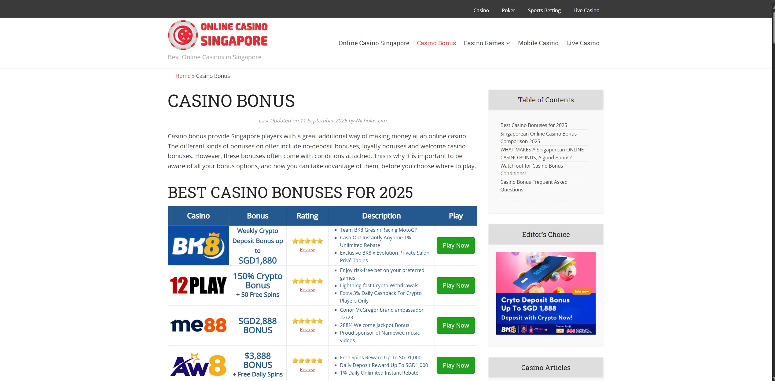 Screenshot of Onlinecasino-sg.com.sg - Casino Bonus - Get the Best Singapore Casino Bonus