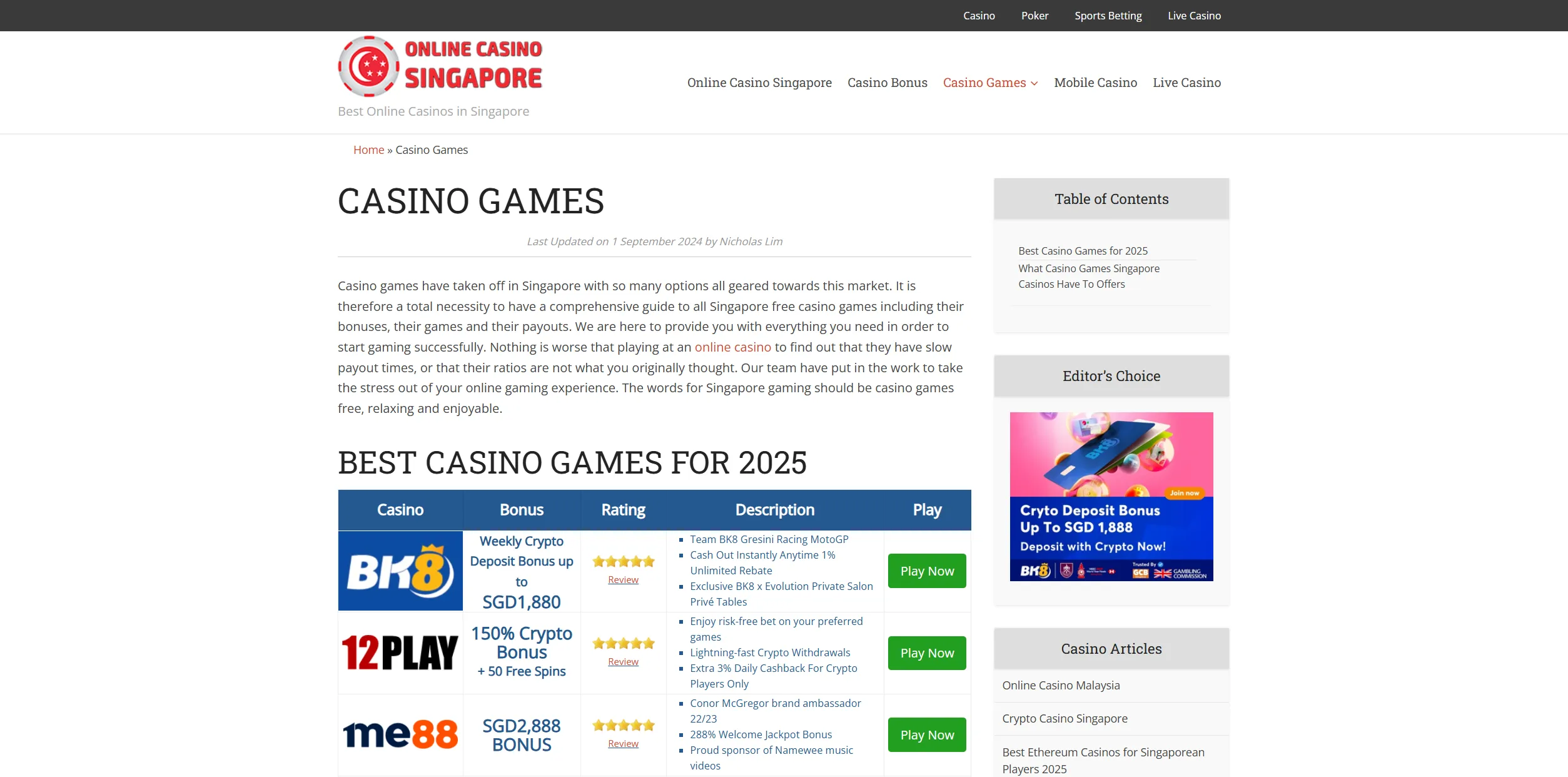 Screenshot of Onlinecasino-sg.com.sg - Casino Bonus - Get the Best Singapore Casino Bonus