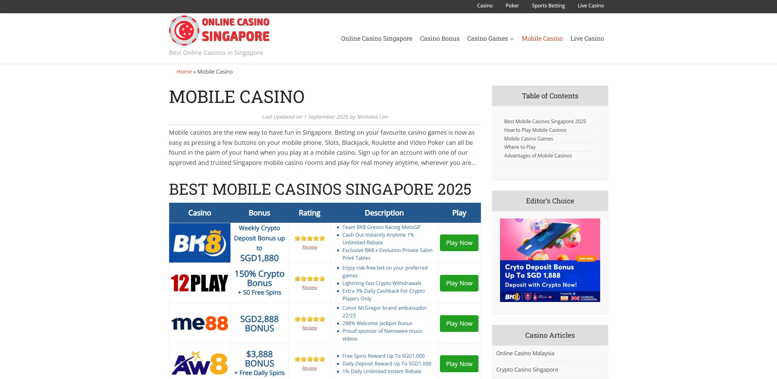 Screenshot of Onlinecasino-sg.com.sg - Casino Bonus - Get the Best Singapore Casino Bonus