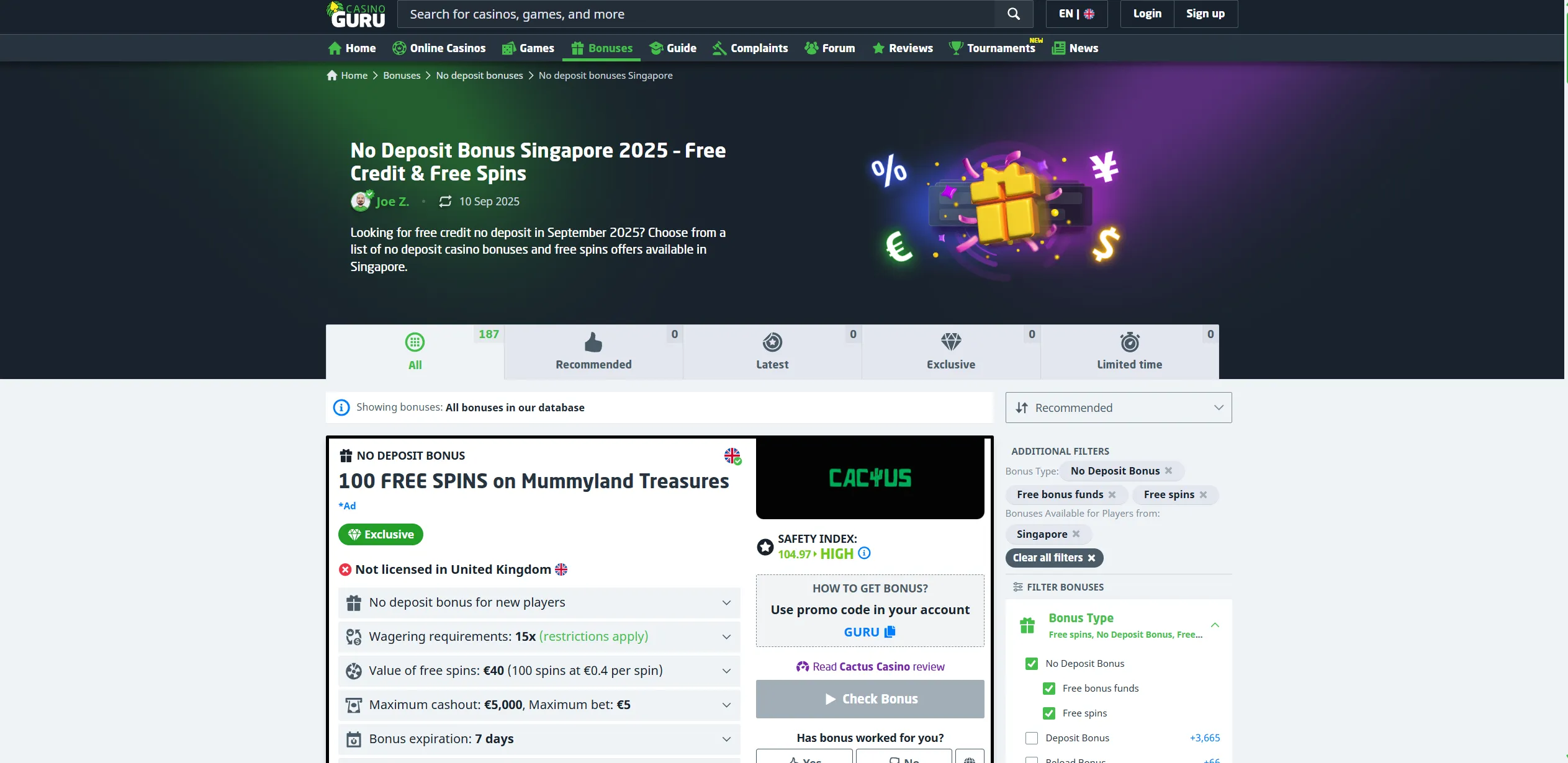 Screenshot of Casino.guru - Casino Bonus - No Deposit Bonus & Free Spins Singapore[230+ Offers]