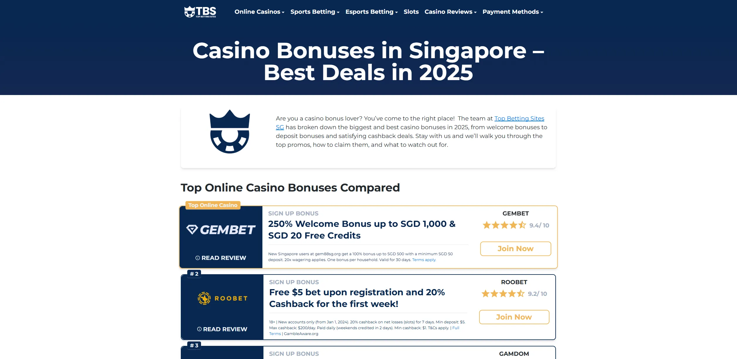 Screenshot of Topbettingsites-sg.com - Top Casino Bonuses in Singapore [year]