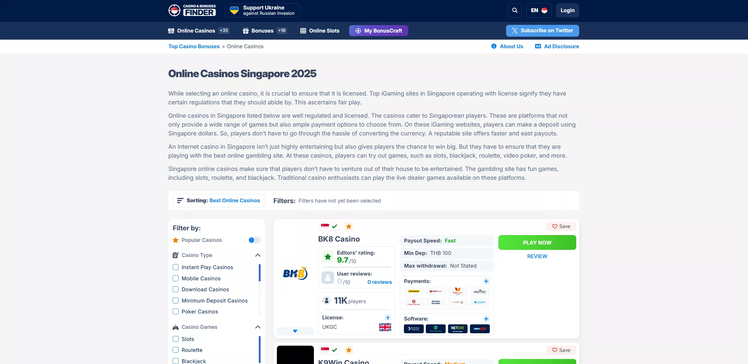 Screenshot of Singapore-bonusesfinder.com — 177 Singapores No Deposit Bonuses