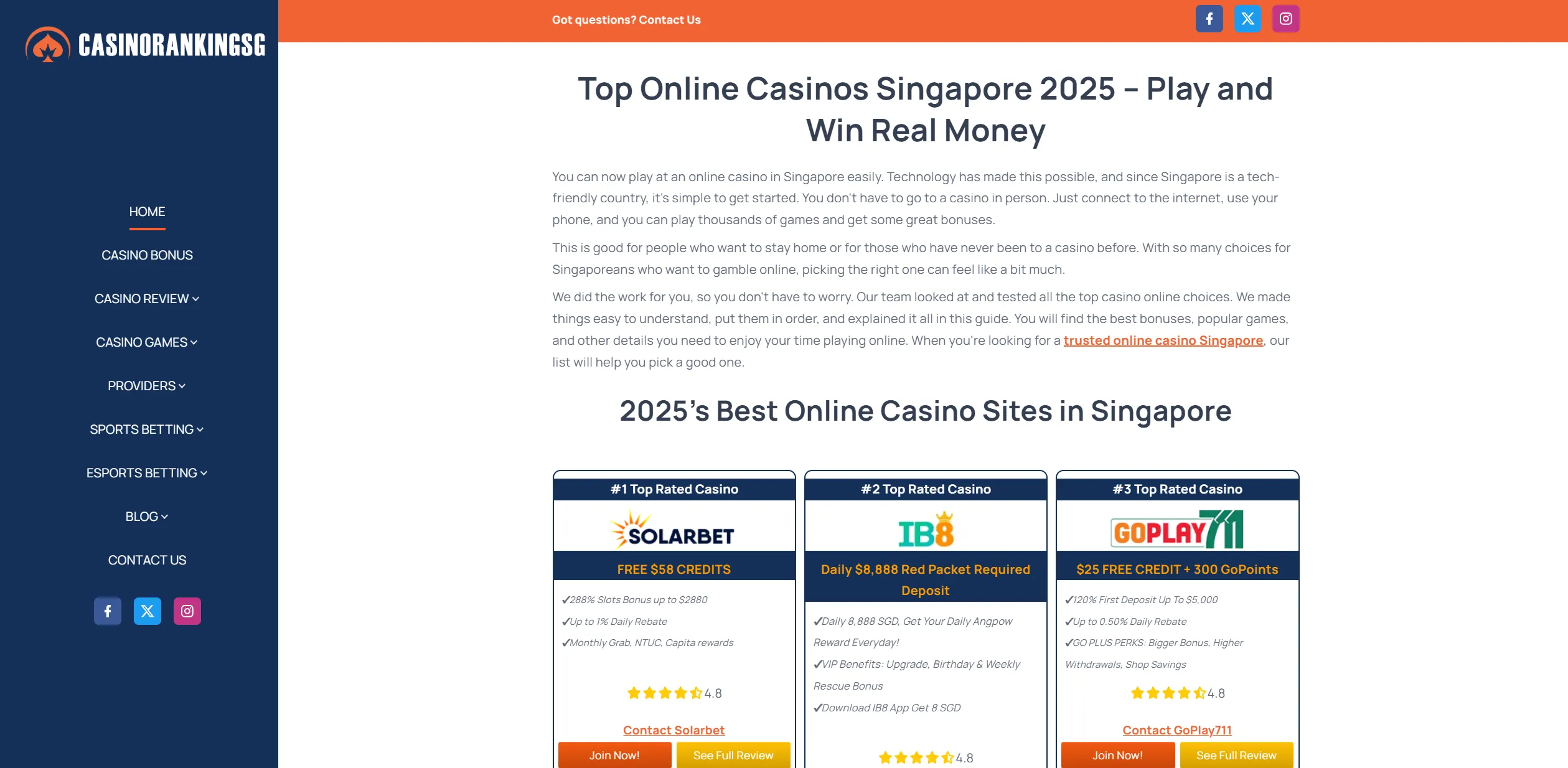 Screenshot of Casinorankingsg.com - Best Online Casino Bonuses in Singapore