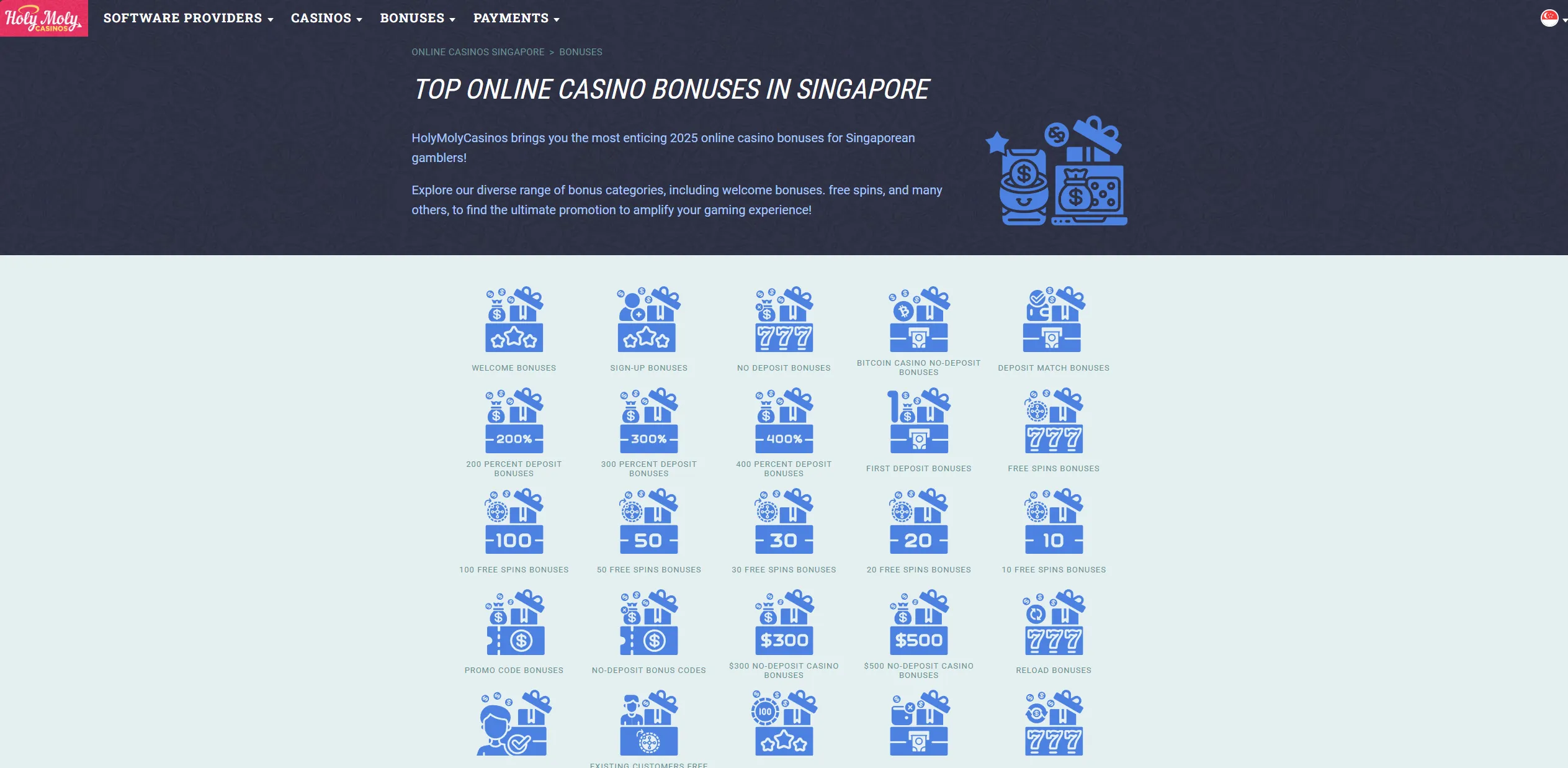 Screenshot of Holymolycasinossingapore.com - Best Casino Bonuses in Singapore 📝 | Top 37 Bonus Ratings | HolyMolyCasinos 🎰