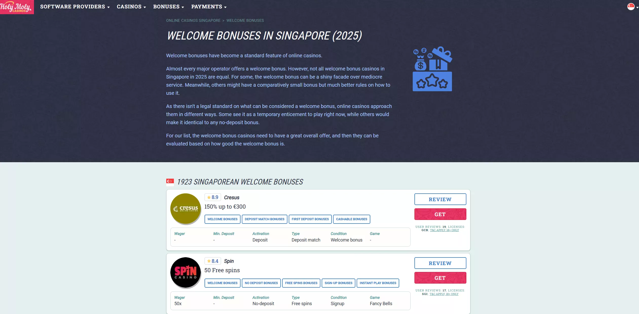 Screenshot of Holymolycasinossingapore.com - Best Casino Bonuses in Singapore 📝 | Top 37 Bonus Ratings | HolyMolyCasinos 🎰