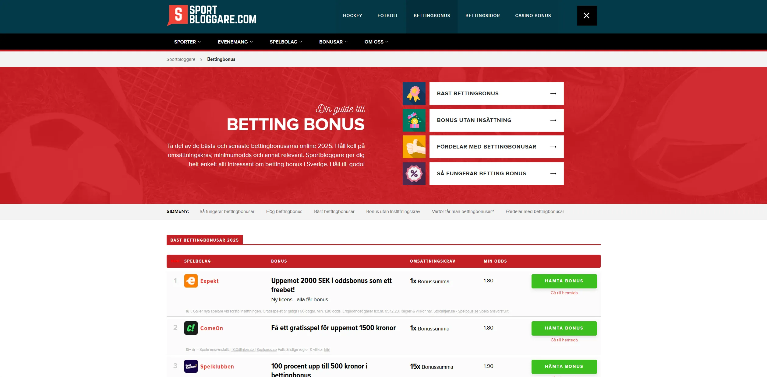 Screenshot of Sportbloggare.com - Best Casino Bonus » We rank Swedish casino bonuses