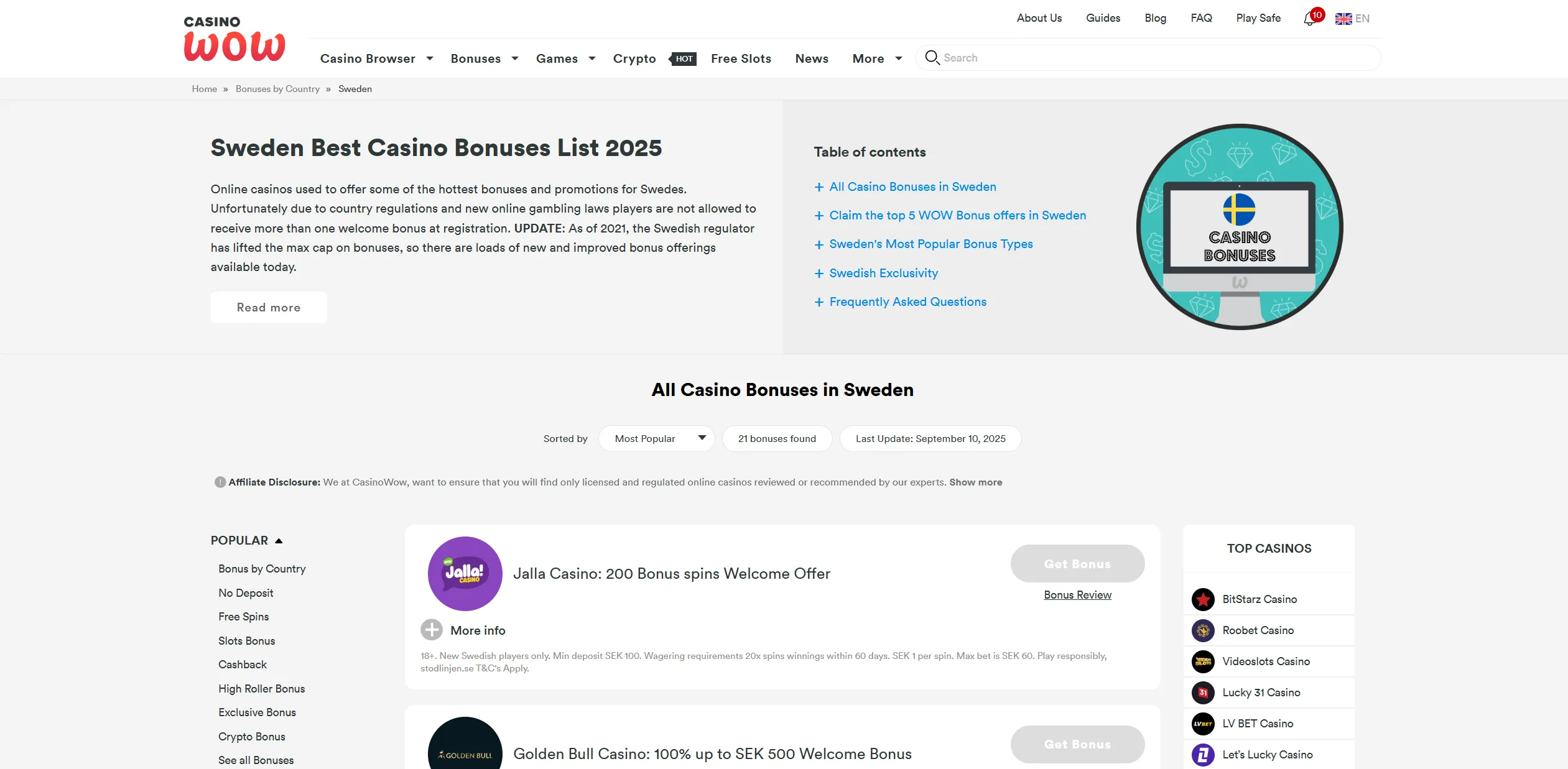 Screenshot of Casinowow.com – Best Casino Bonuses ▷ Sweden – CasinoWow