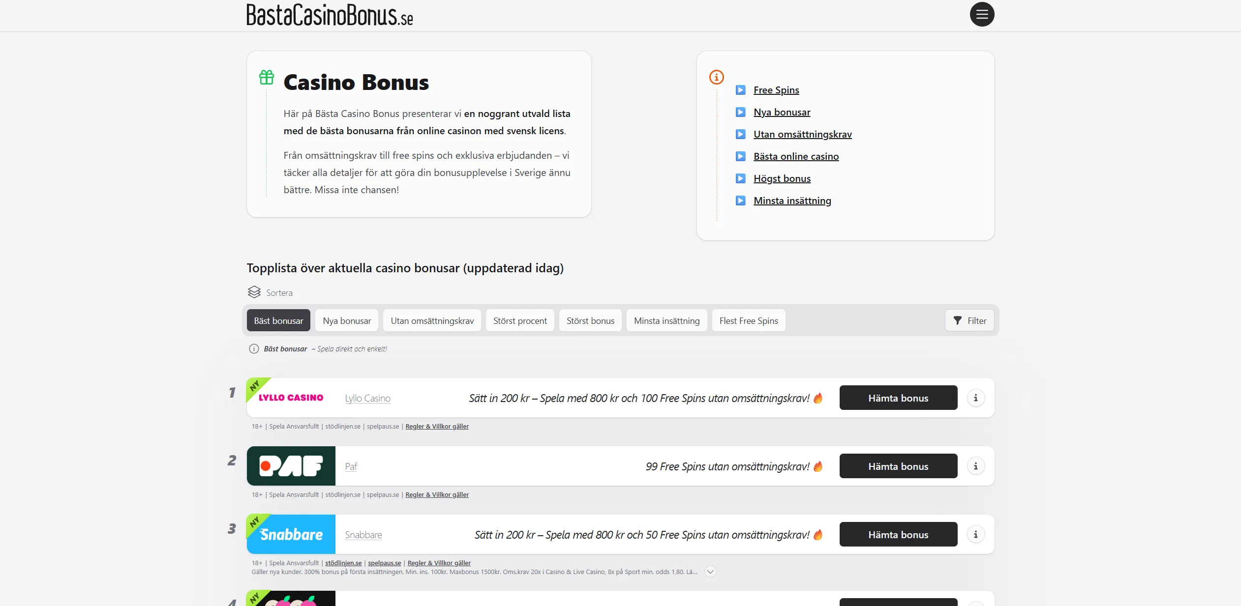 Screenshot of Bastacasinobonus.se - Sweden’s Best Casino Bonus 