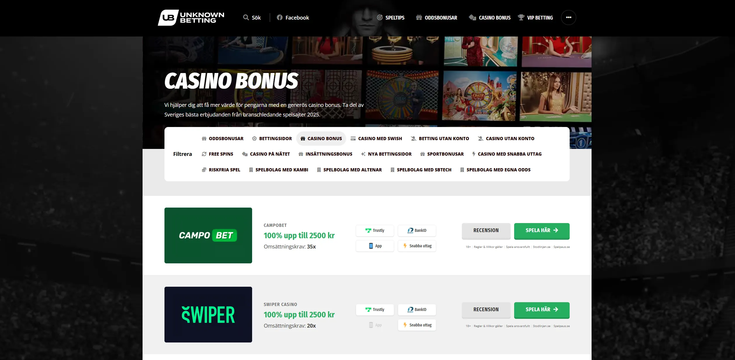 Screenshot of Unknownbetting.se - Best Casino Bonus [🎖️ We rank all Swedish casino bonuses]