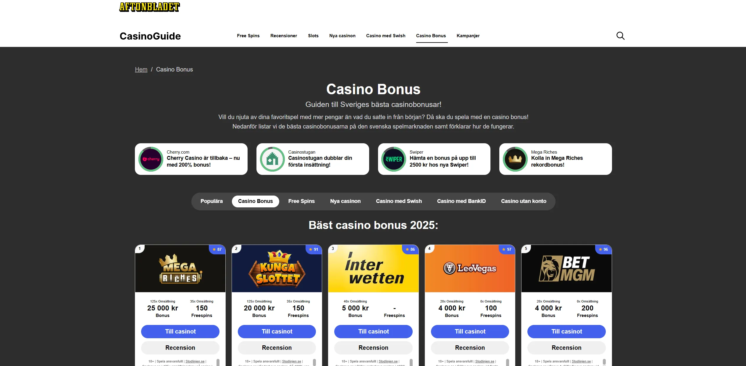 Screenshot of Aftonbladet.se - Casino Bonus - Compare Sweden’s best casino bonuses!
