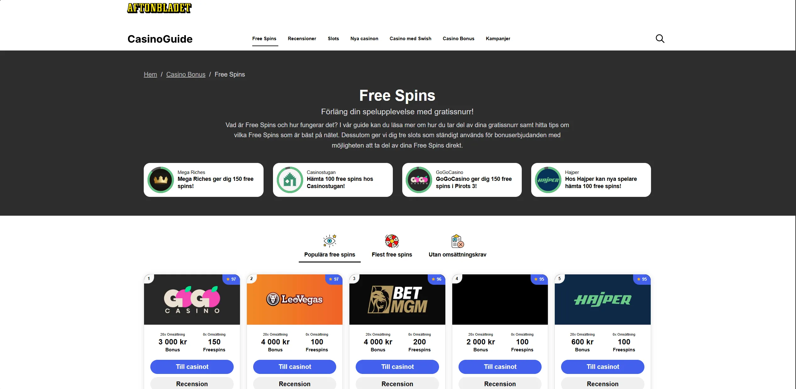 Screenshot of Aftonbladet.se - Casino Bonus - Compare Sweden’s best casino bonuses!