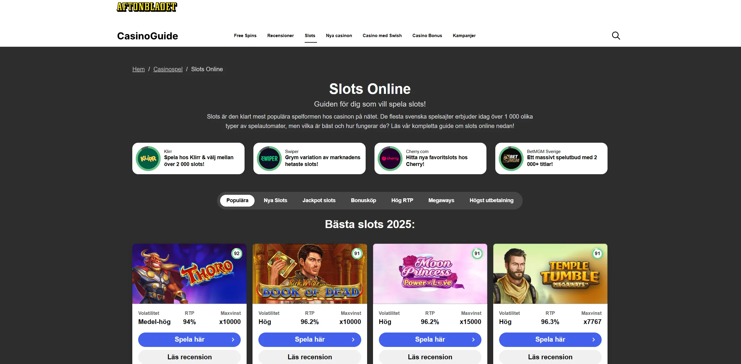 Screenshot of Aftonbladet.se - Casino Bonus - Compare Sweden’s best casino bonuses!
