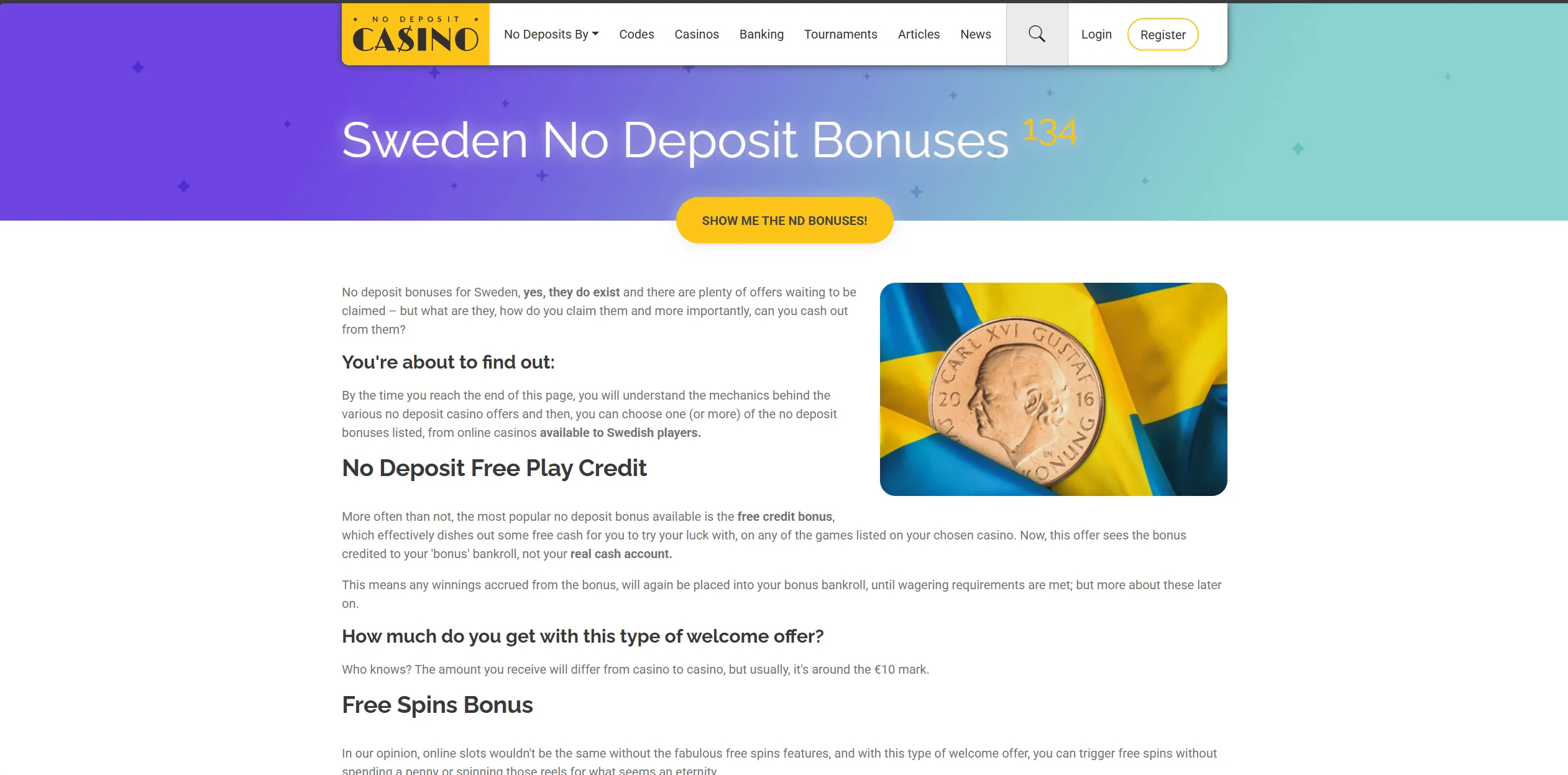 Screenshot of Nodepositcasino.org – Swedish No Deposit Online Casino Bonuses