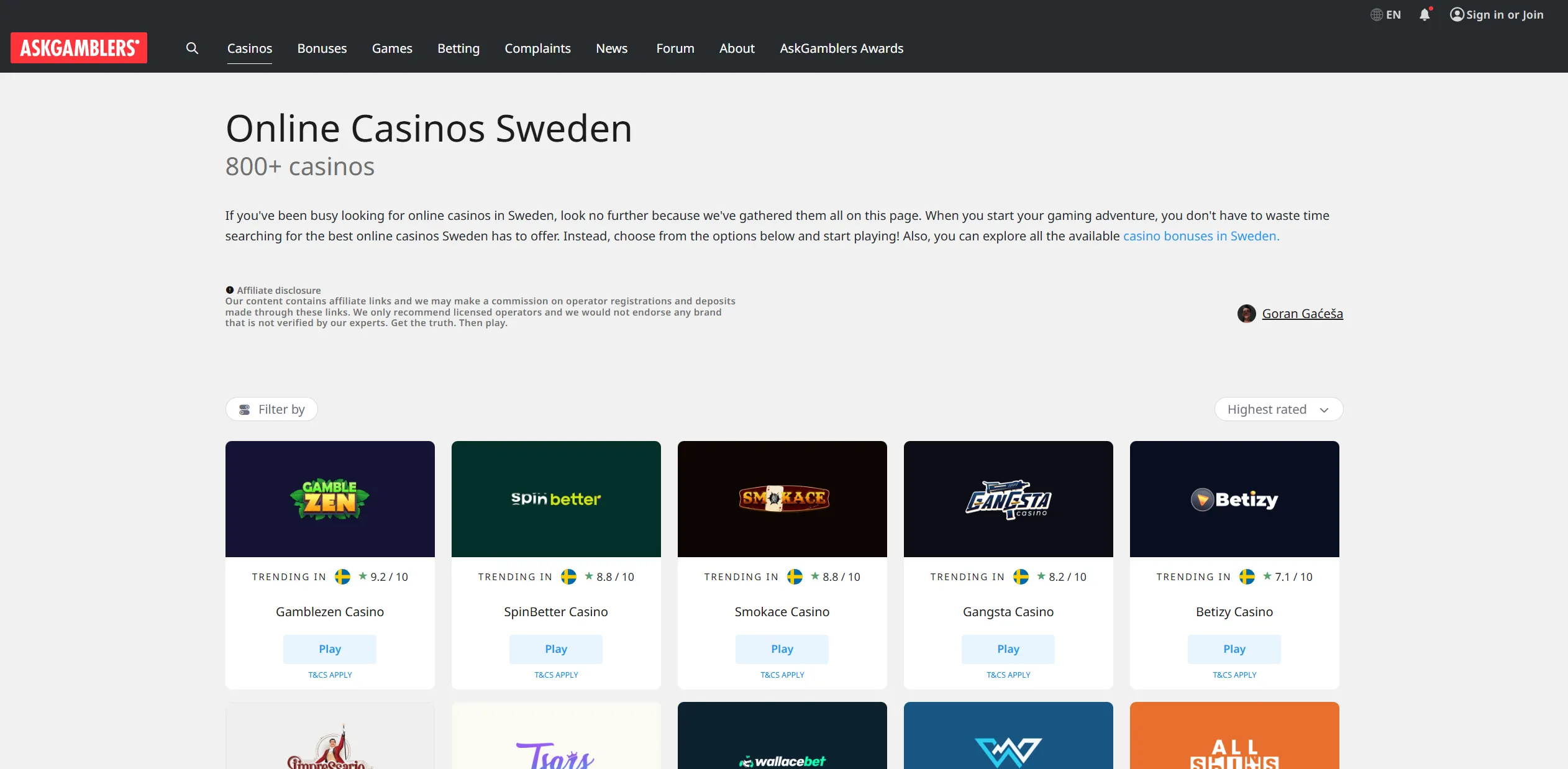 Screenshot of Askgamblers.com -  Online Casinos Sweden ✔️ Best Swedish Casino Sites