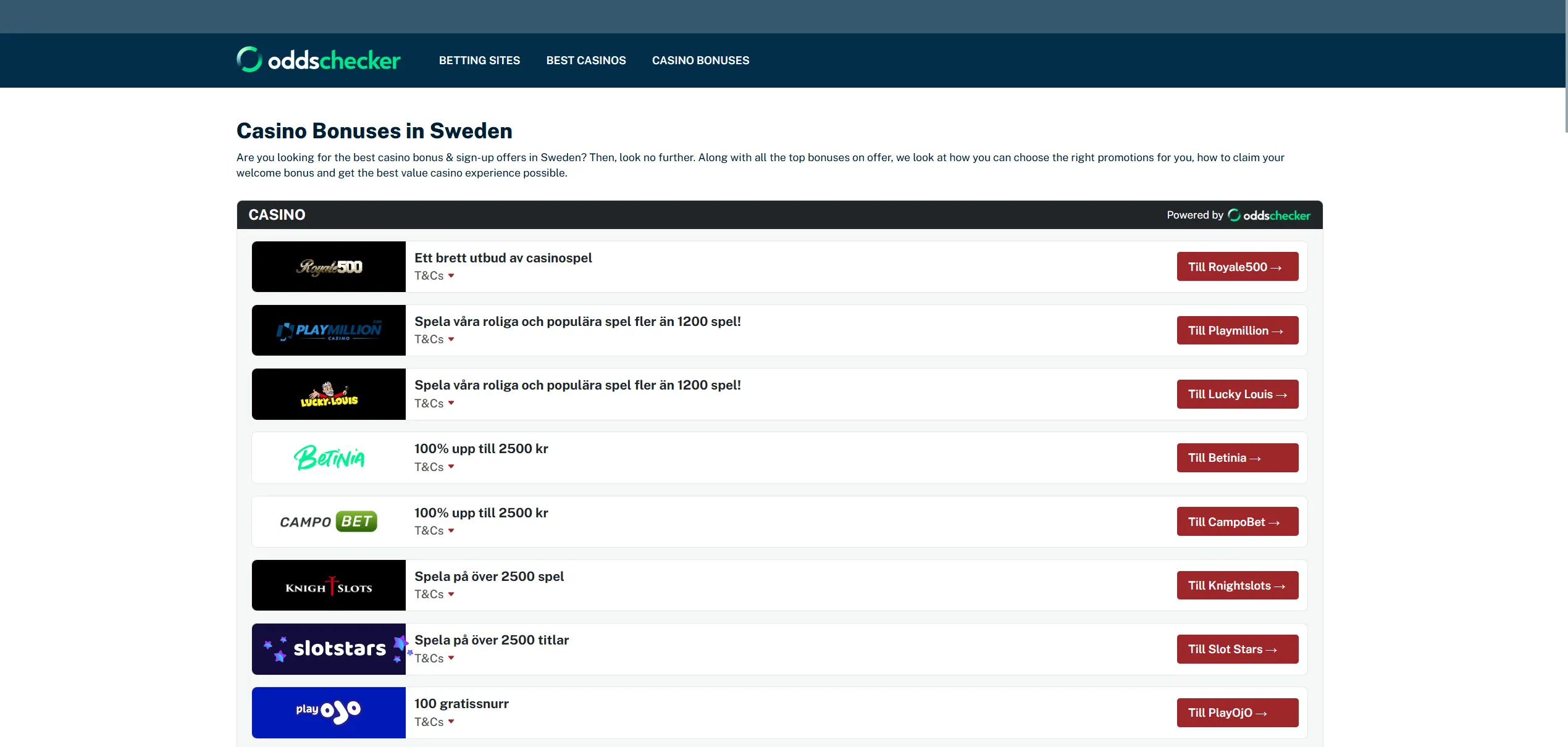 Screenshot of Oddschecker.com –  Casino Bonus & Welcome Offers – Best Promotions in Sweden