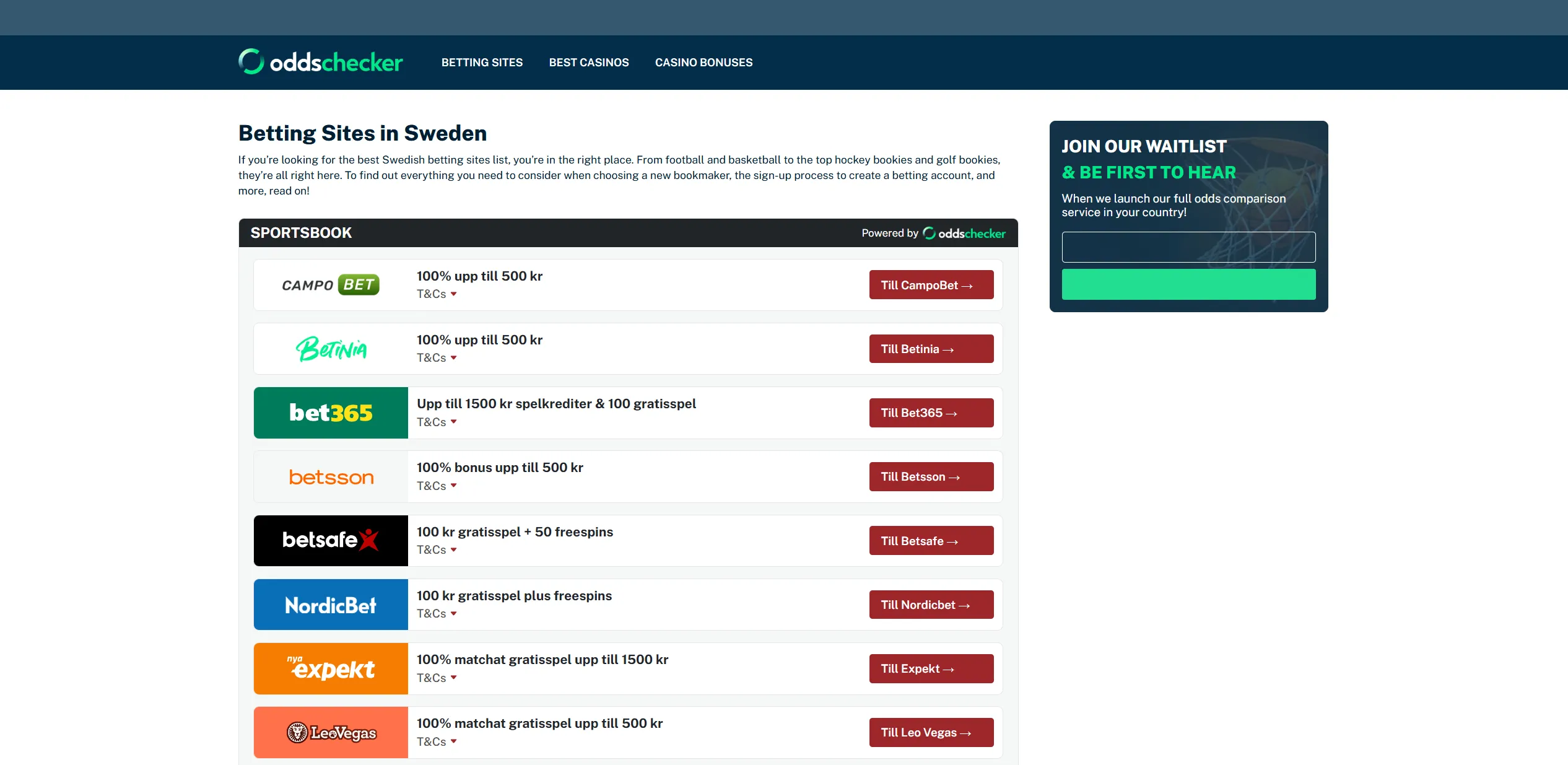 Screenshot of Oddschecker.com –  Casino Bonus & Welcome Offers – Best Promotions in Sweden
