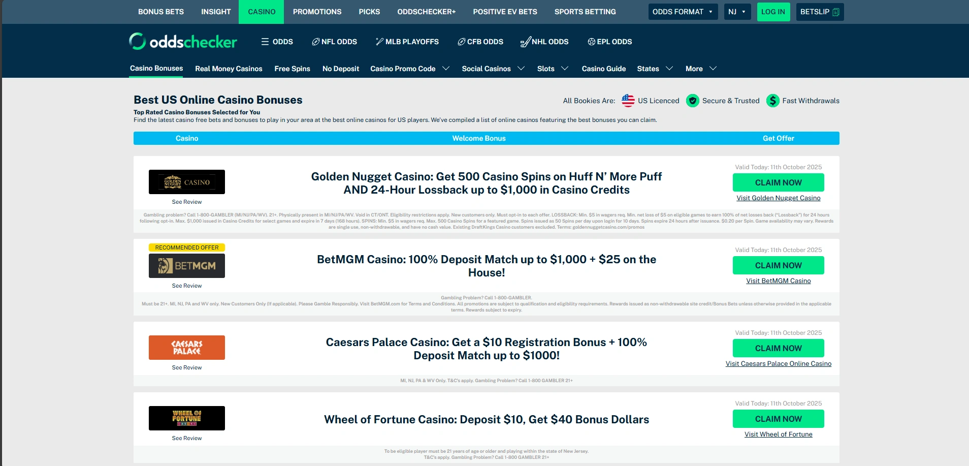 Screenshot of Oddschecker.com – Best US Online Casino Bonuses