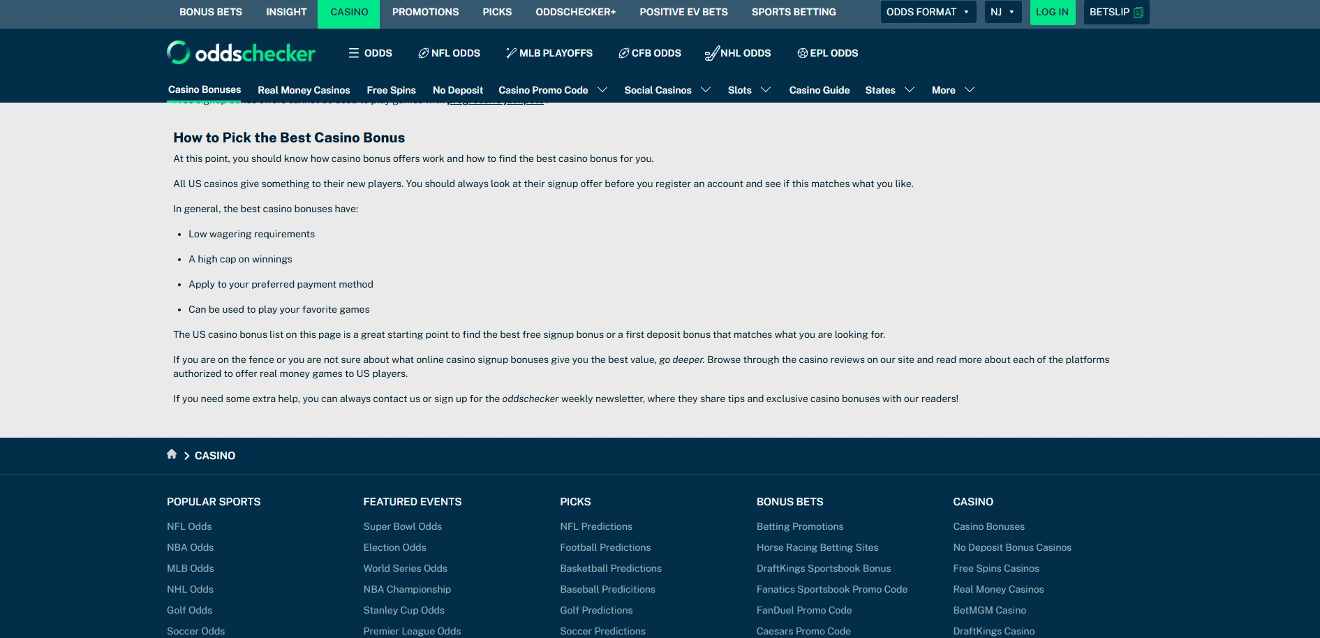 Screenshot of Oddschecker.com – Best US Online Casino Bonuses