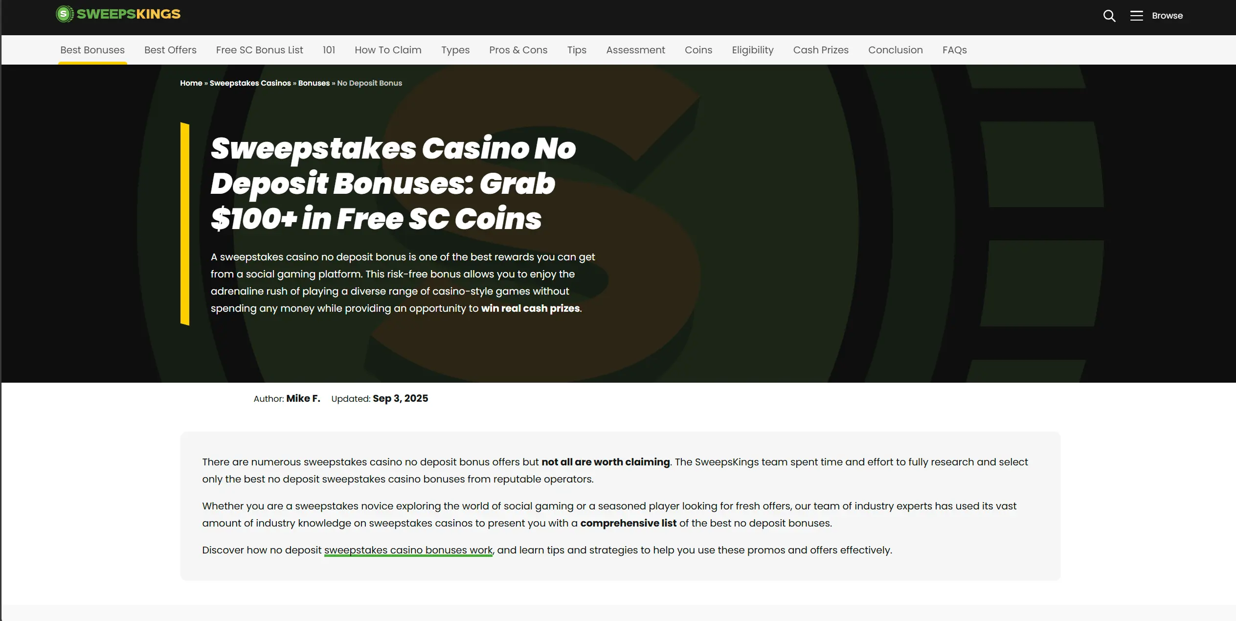 Screenshot of Sweepskings.com – Sweepstakes Casino No Deposit Bonuses: Grab $100+ in Free SC Coins