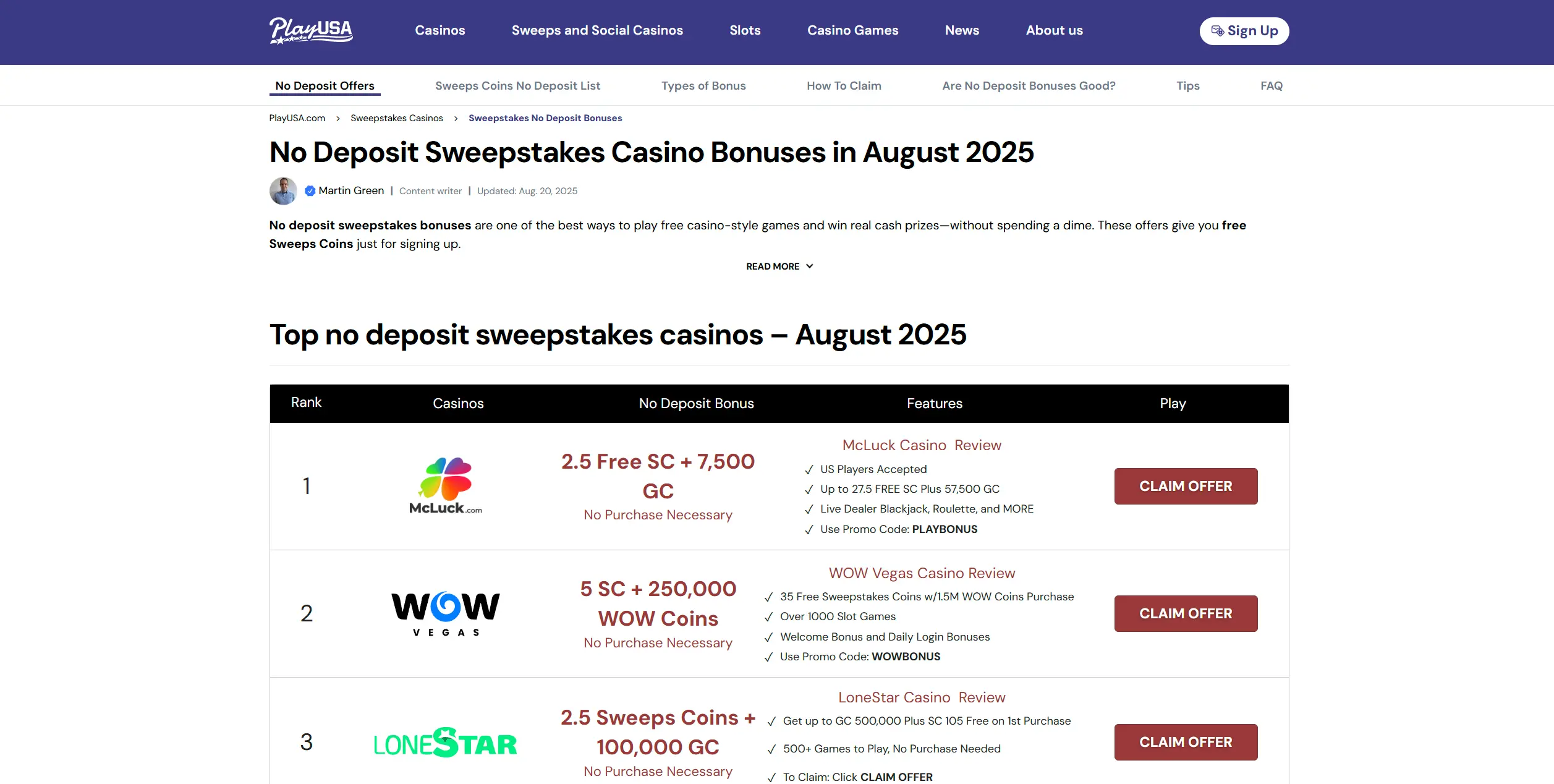 Screenshot of Playusa.com – No Deposit Sweepstakes Casino Bonuses