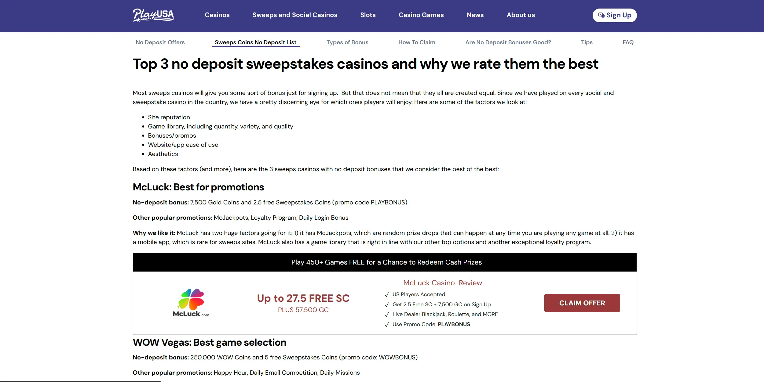 Screenshot of Playusa.com – No Deposit Sweepstakes Casino Bonuses