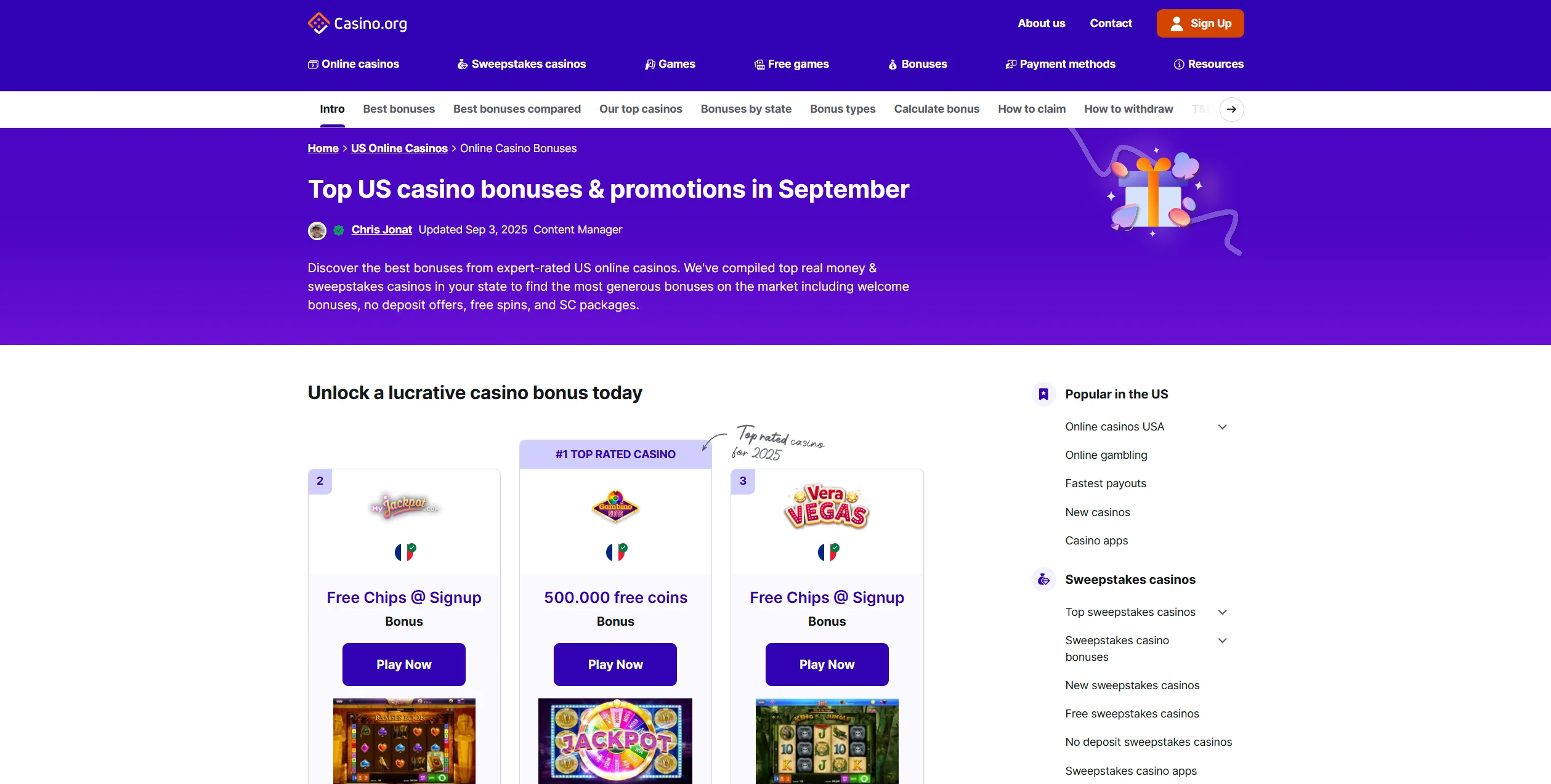Screenshot of Casino.org - Top US casino bonuses & promotions