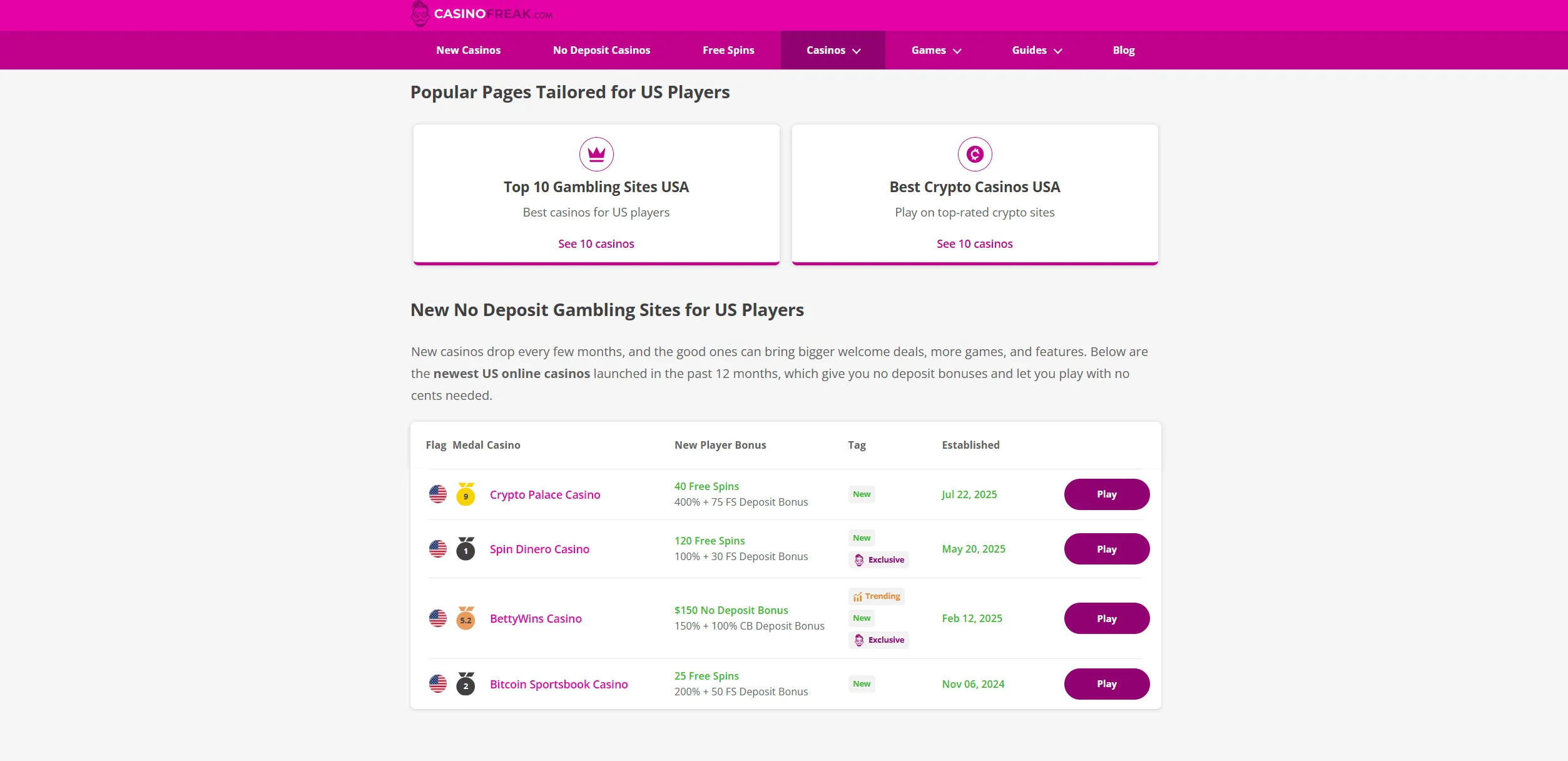 Screenshot of Сasinofreak.com – Online Casinos USA - All Gambling Sites for US Players